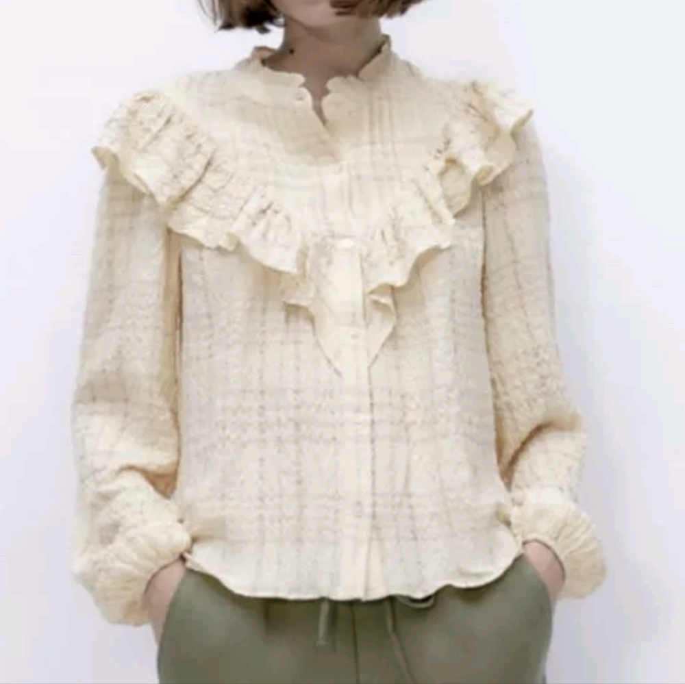 Zara Cream & Taupe Textured Plaid Ruffle Trim Poet Sleeve Button Down To…